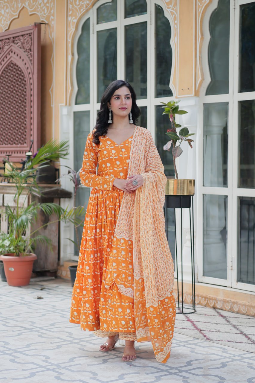 Orange Pure Cotton Readymade Kurti With Pant Dupatta Set