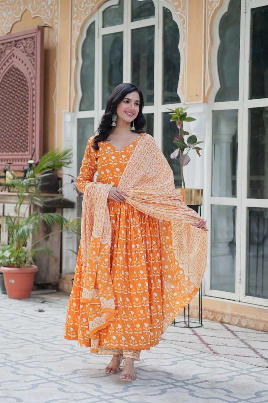Orange Pure Cotton Readymade Kurti With Pant Dupatta Set