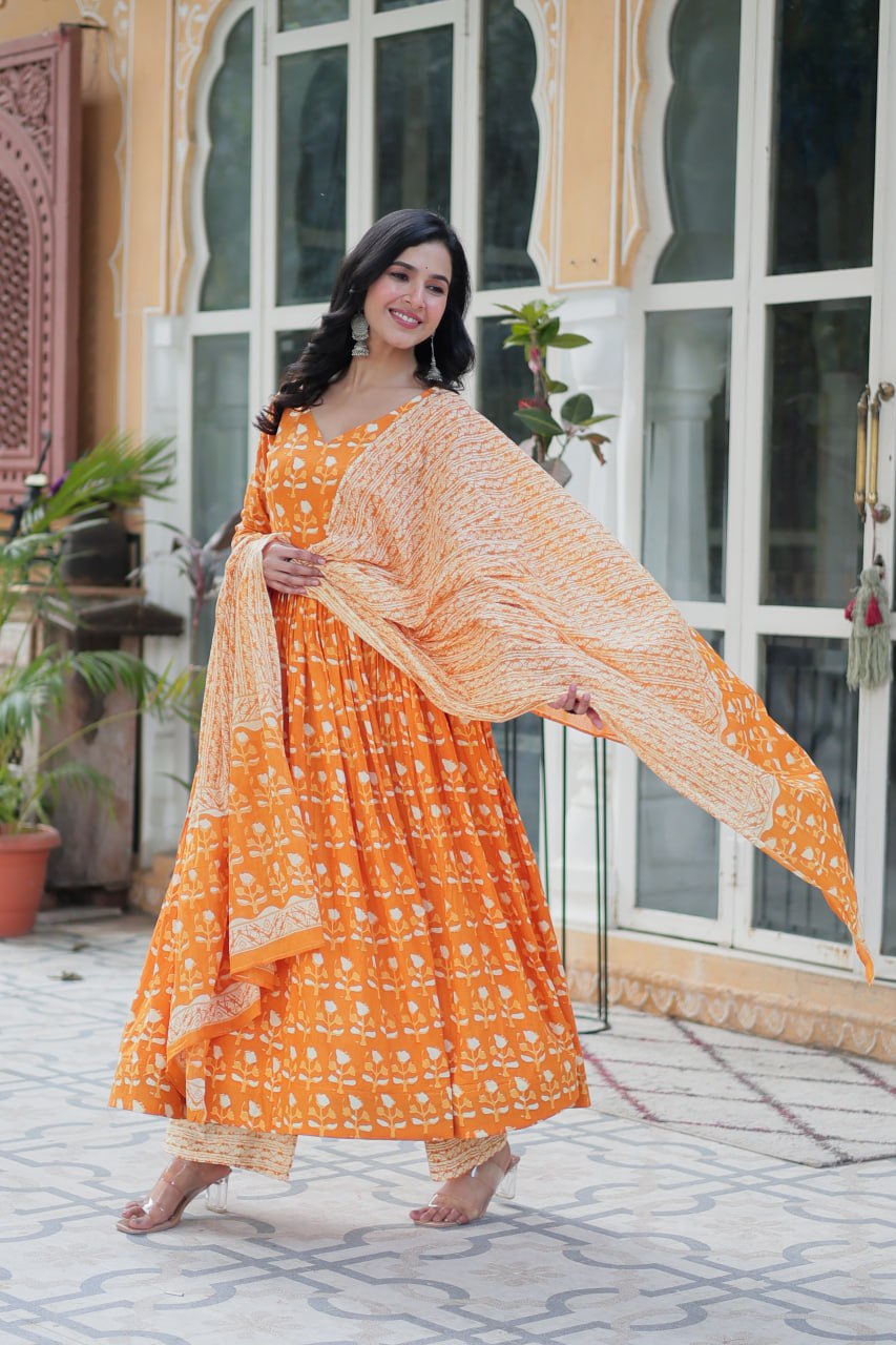 Orange Pure Cotton Readymade Kurti With Pant Dupatta Set
