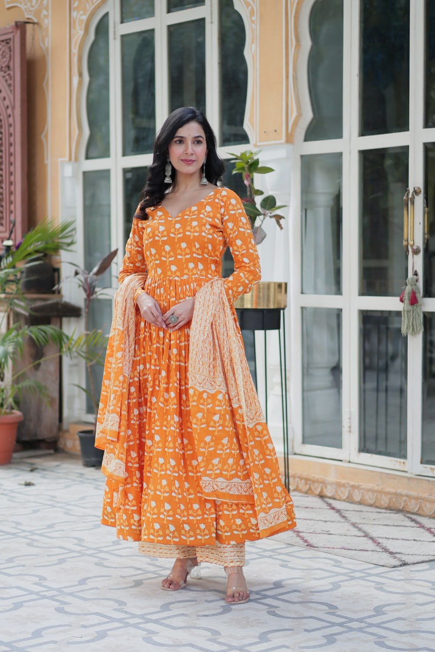 Orange Pure Cotton Readymade Kurti With Pant Dupatta Set