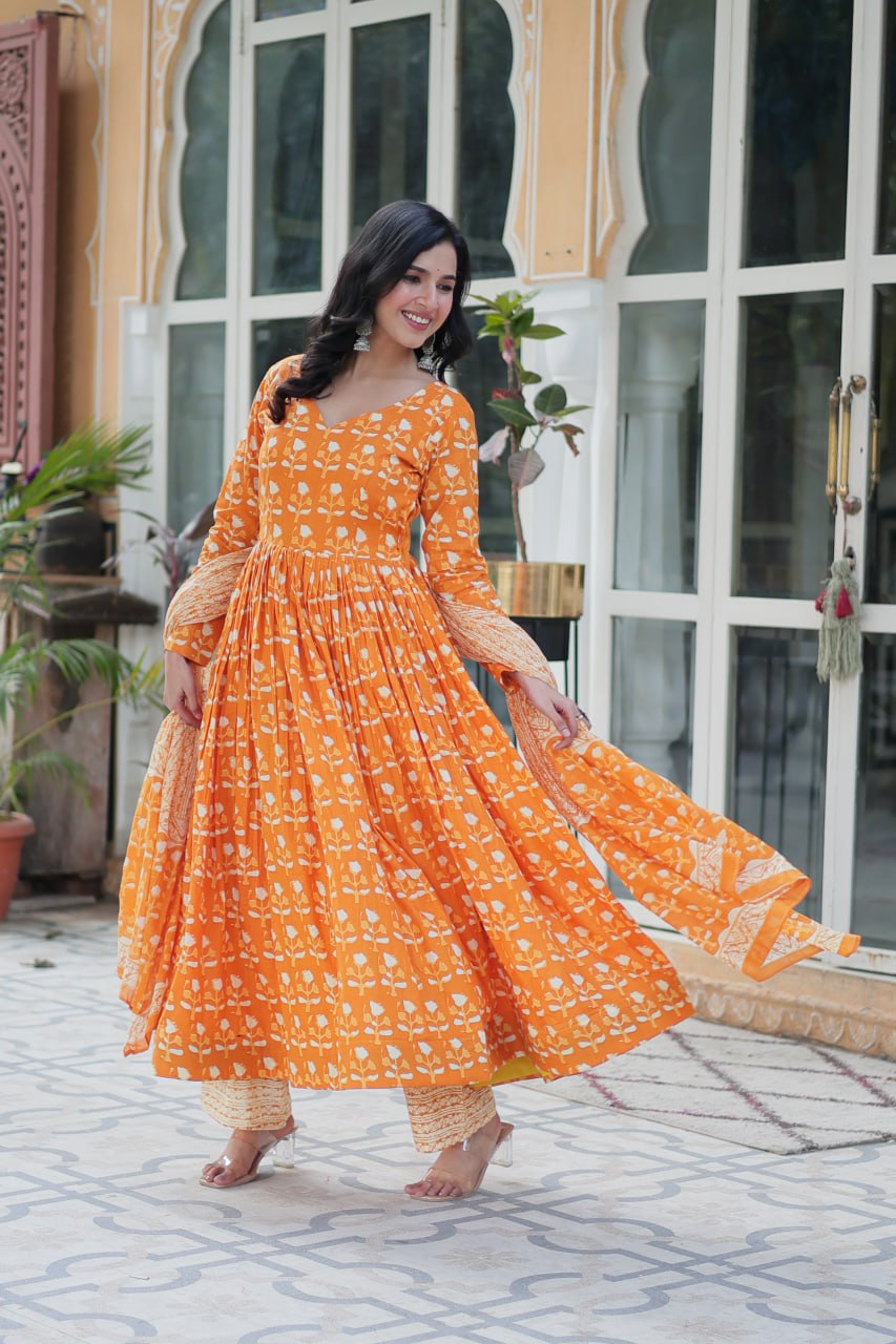 Orange Pure Cotton Readymade Kurti With Pant Dupatta Set