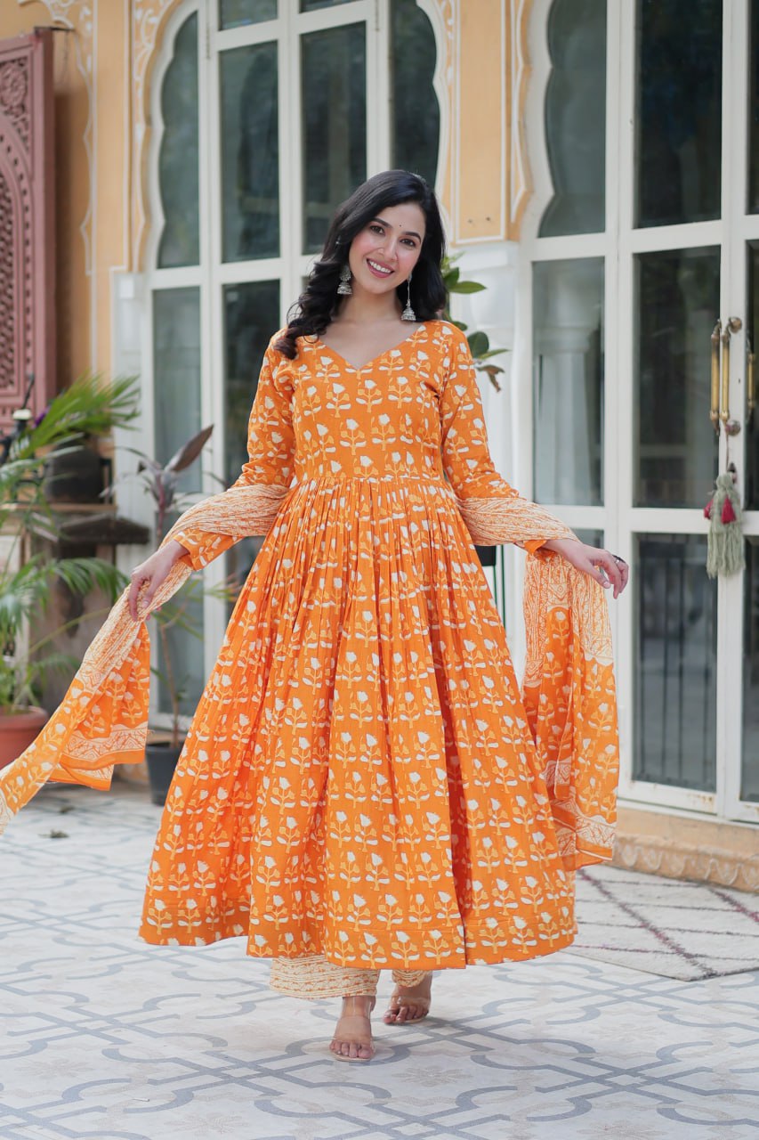 Orange Pure Cotton Readymade Kurti With Pant Dupatta Set