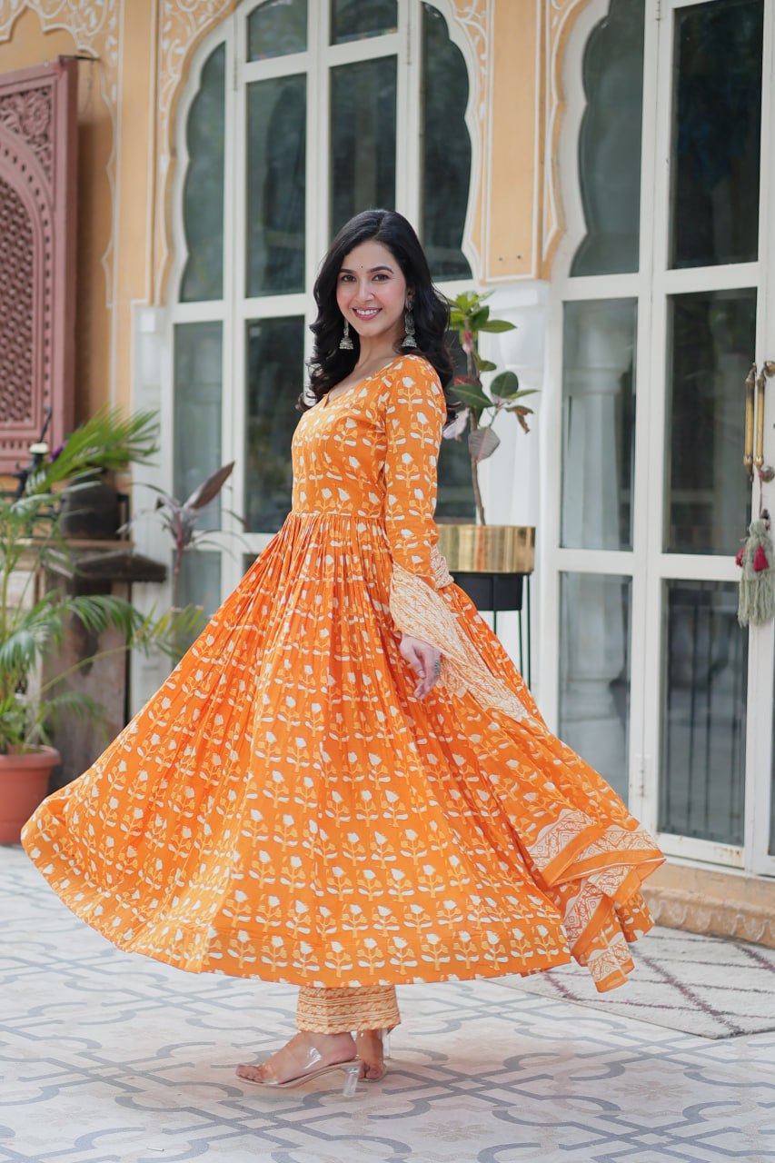 Orange Pure Cotton Readymade Kurti With Pant Dupatta Set