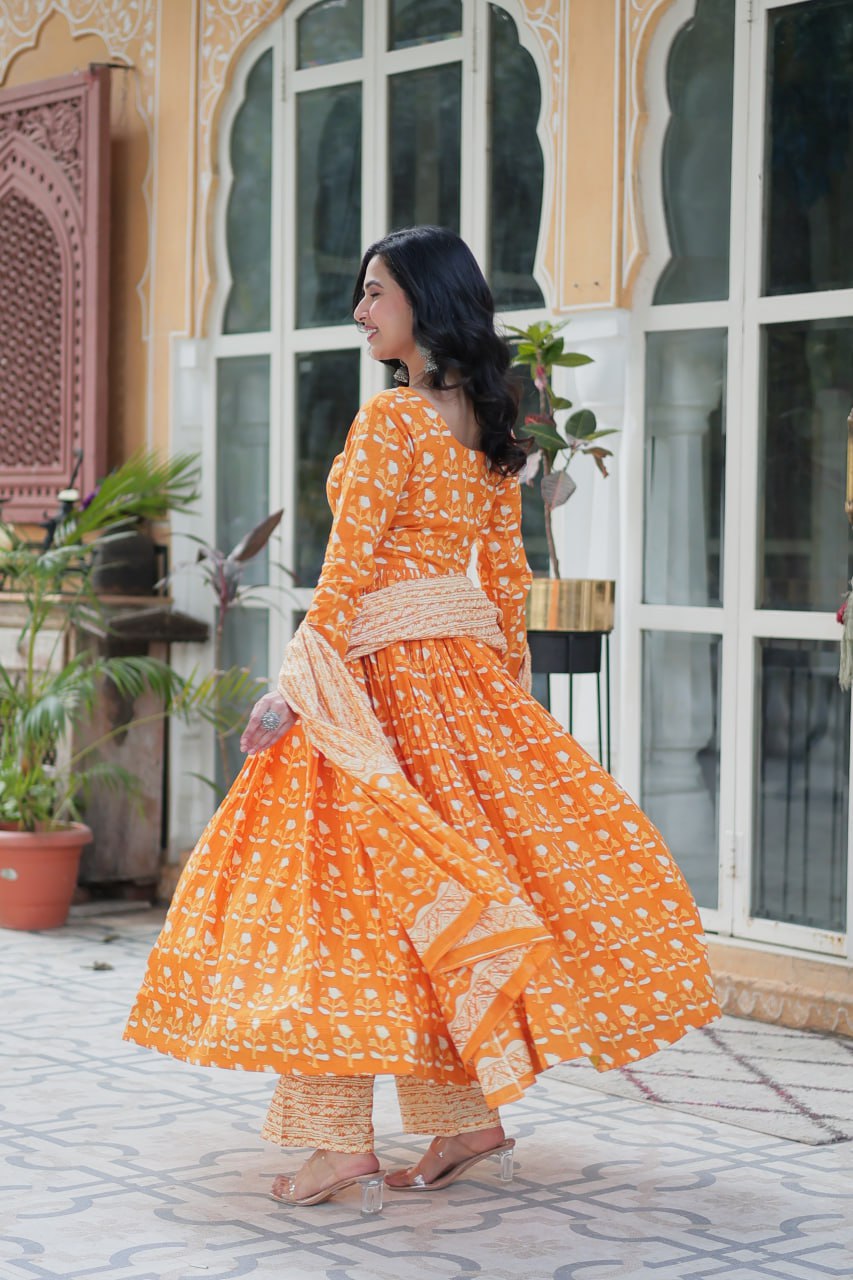 Orange Pure Cotton Readymade Kurti With Pant Dupatta Set