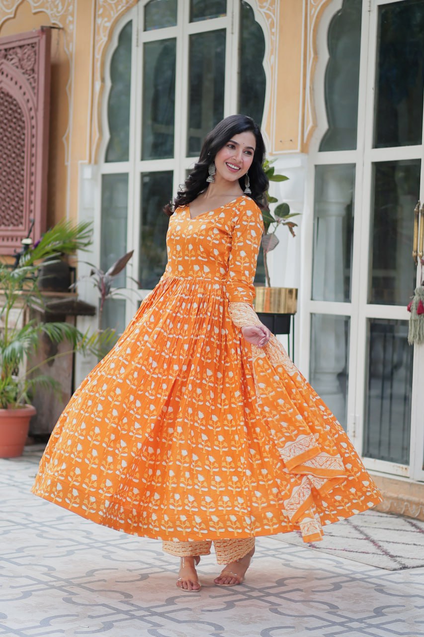 Orange Pure Cotton Readymade Kurti With Pant Dupatta Set
