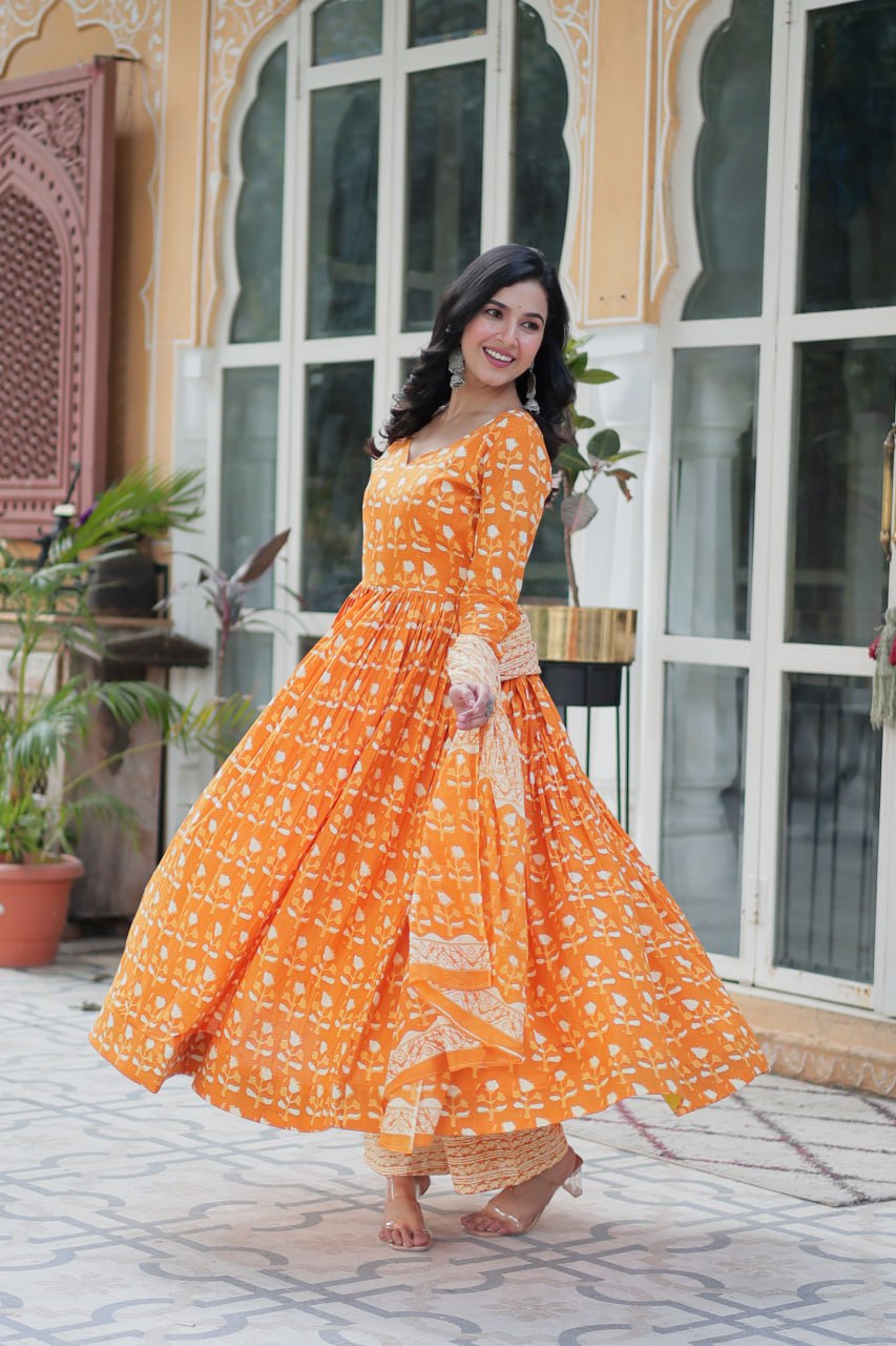 Orange Pure Cotton Readymade Kurti With Pant Dupatta Set