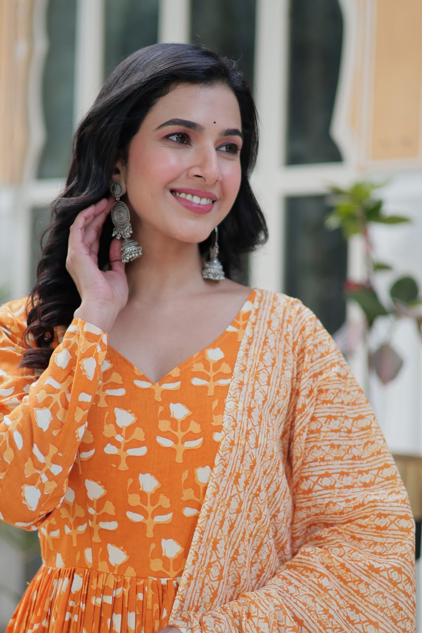 Orange Pure Cotton Readymade Kurti With Pant Dupatta Set