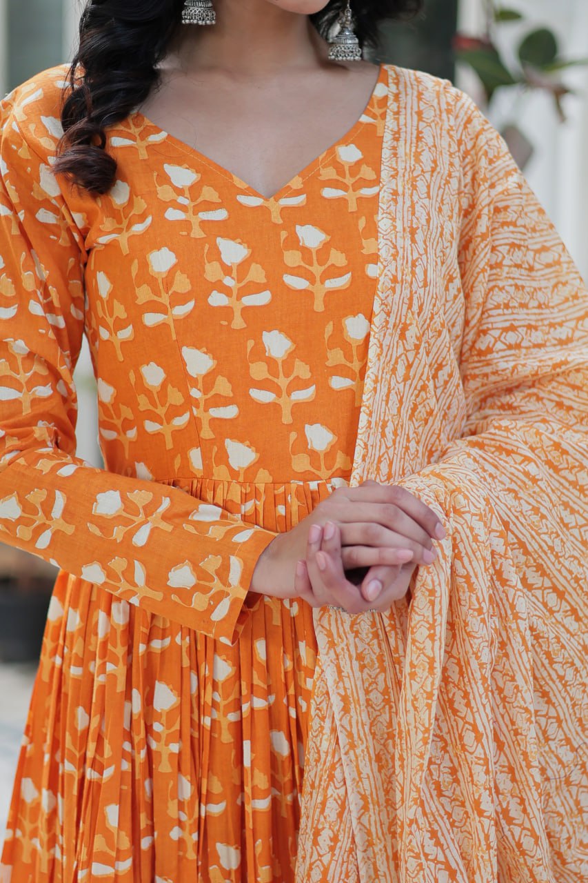 Orange Pure Cotton Readymade Kurti With Pant Dupatta Set