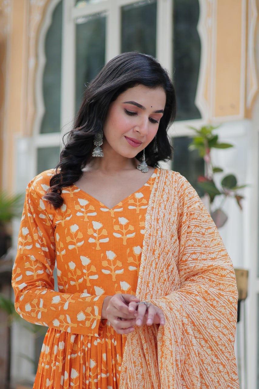 Orange Pure Cotton Readymade Kurti With Pant Dupatta Set