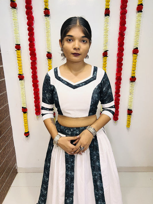 White Pure Silk Printed With Mirror Lace Work Navratri Lehenga Choli