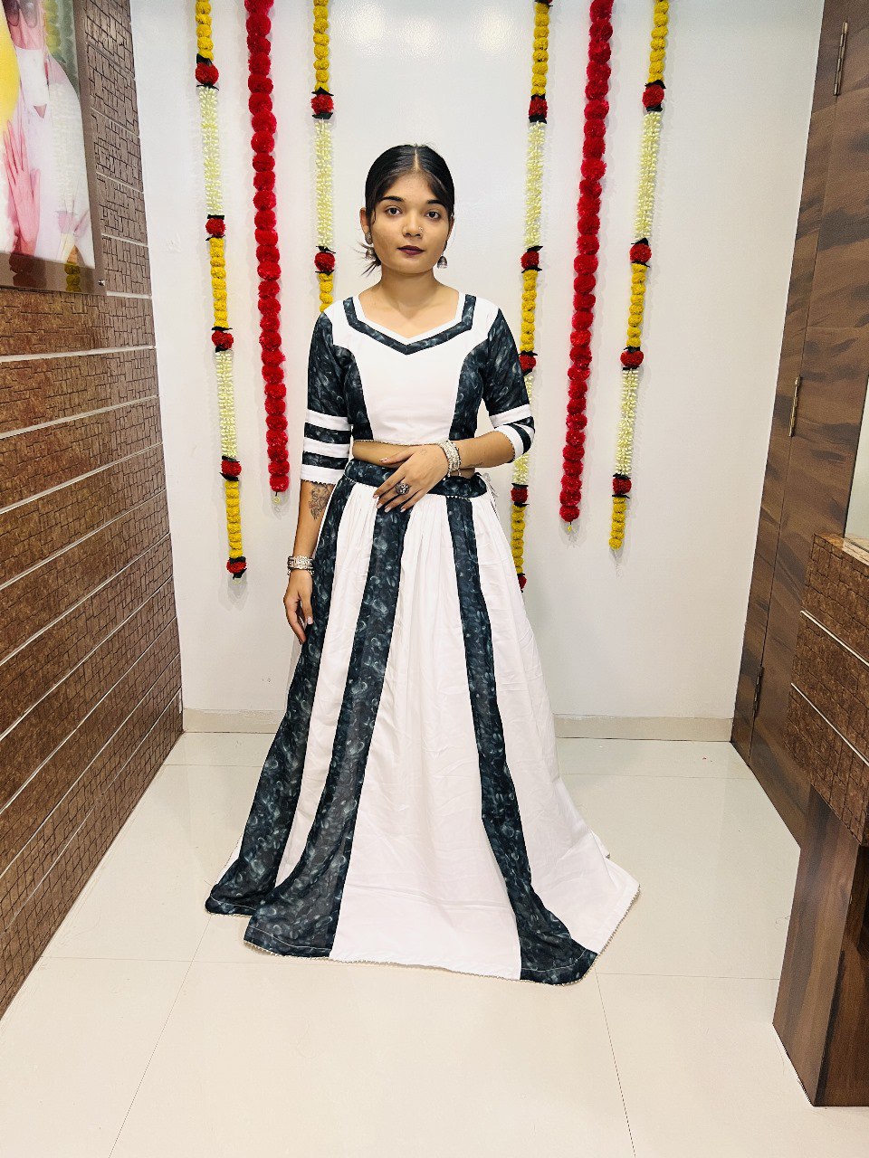 White Pure Silk Printed With Mirror Lace Work Navratri Lehenga Choli