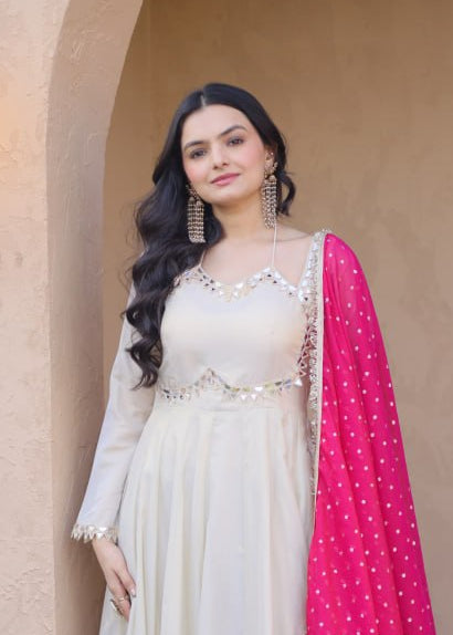 Off-White Cosmos Silk Anarkali Suit with Real Mirror & Pink Dupatta