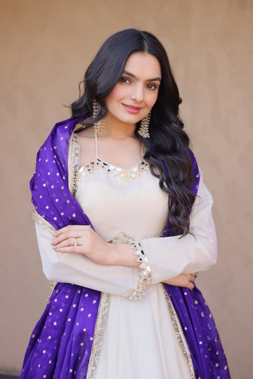 Off-White Cosmos Silk Anarkali Suit with Real Mirror & Purple Dupatta
