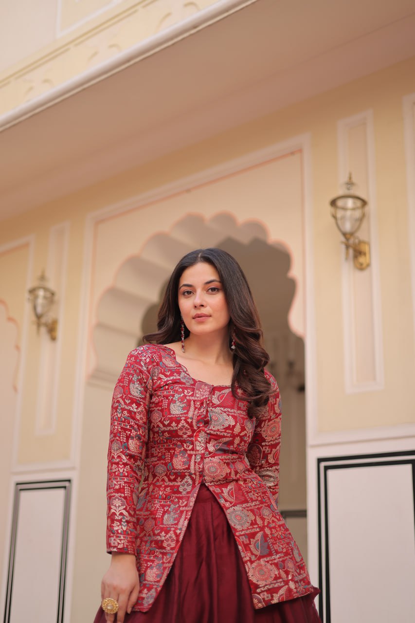 Maroon Pure Simmer Vichitra Kali Pattern Work Lehenga
