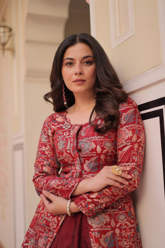 Maroon Pure Simmer Vichitra Kali Pattern Work Lehenga