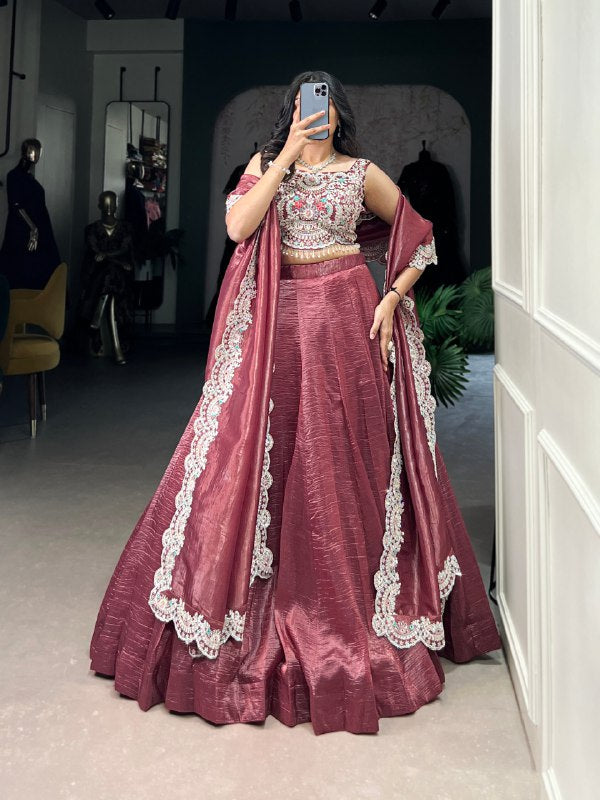 Maroon Gold Crush Plain Wedding Lehenga Choli