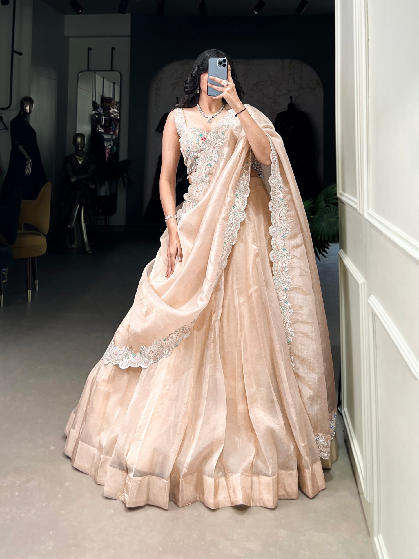 Cream Gold Crush Plain Wedding Lehenga Choli