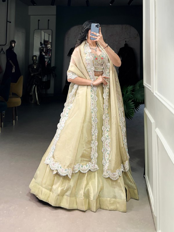 Pista Gold Crush Plain Wedding Lehenga Choli