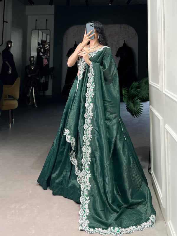 Teal Gold Crush Plain Wedding Lehenga Choli