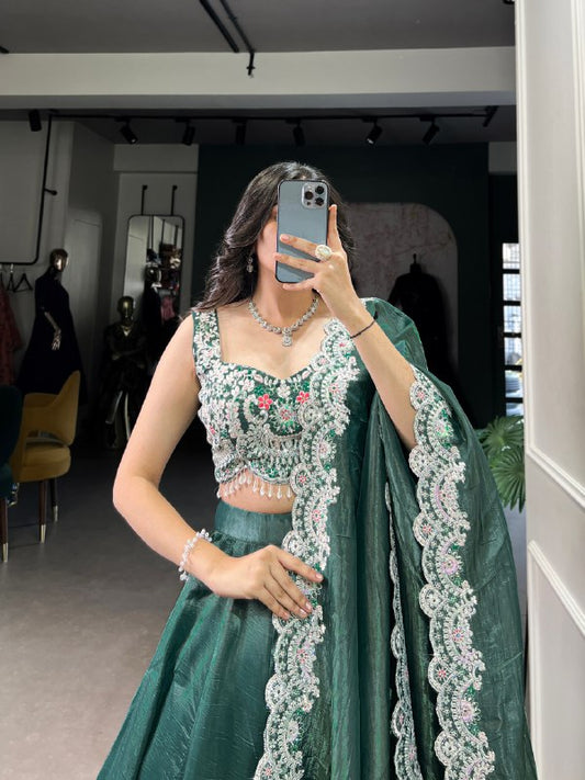 Teal Gold Crush Plain Wedding Lehenga Choli