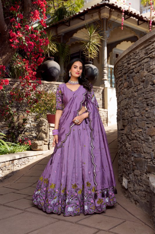 Lavender Vichitra Simmer Sequins And Thread Embroidery Work Lehenga Choli