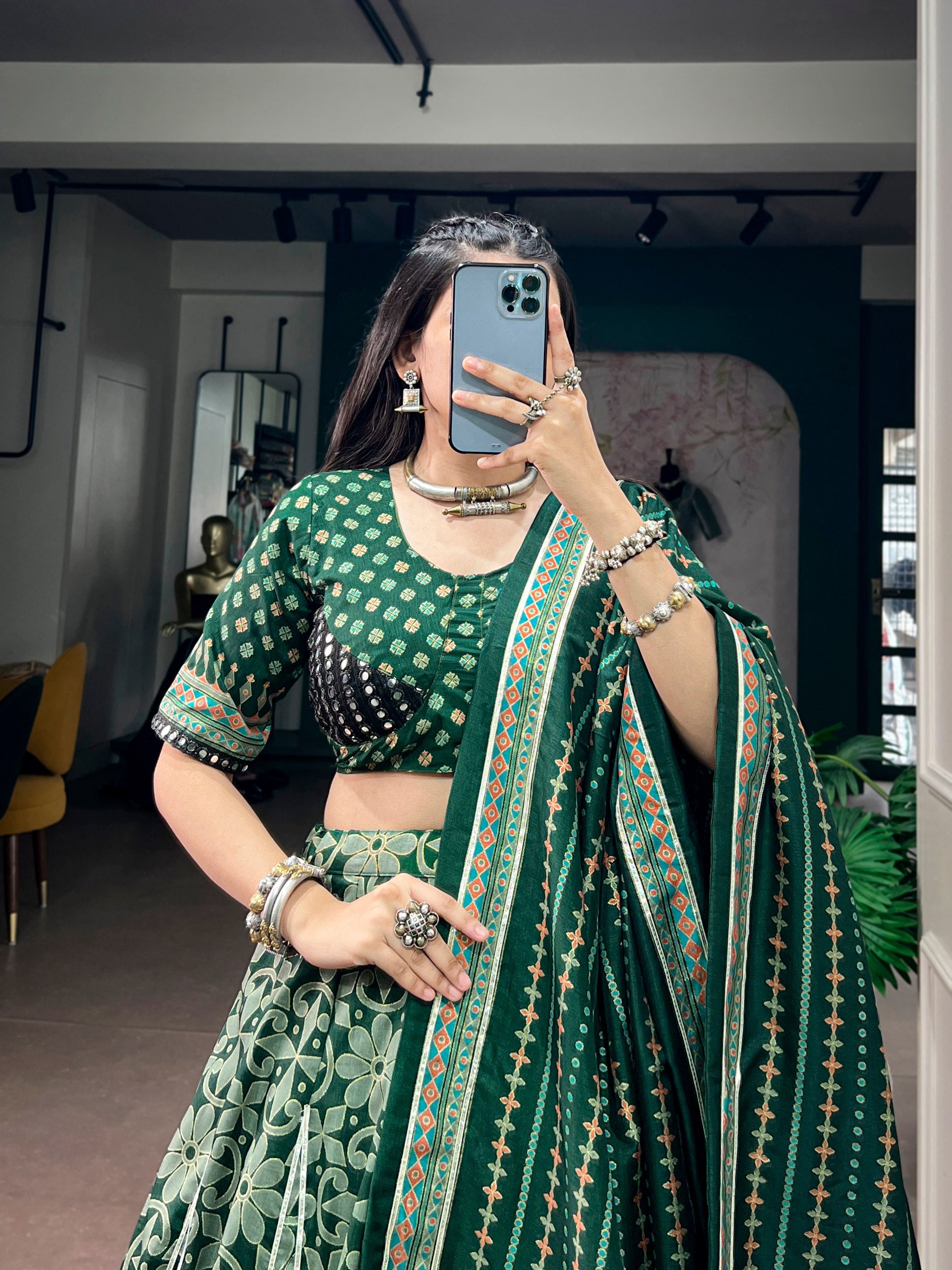Bottle Green Tasar Silk With Iconic Sparkle Print & Mirror Lace Border Navratri Chaniya Choli Set