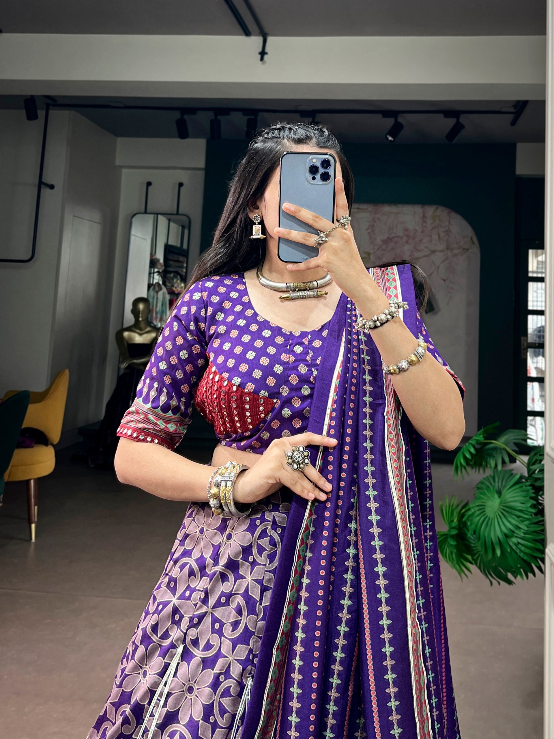Royal Purple Tasar Silk With Iconic Sparkle Print & Mirror Lace Border Navratri Chaniya Choli Set