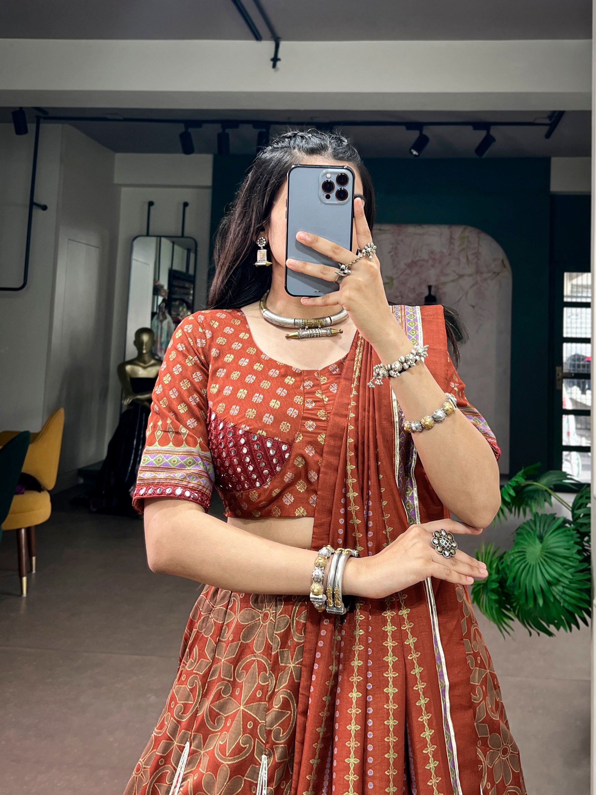 Rust Orange & Terracotta Tasar Silk With Iconic Sparkle Print & Mirror Lace Border Navratri Chaniya Choli Set