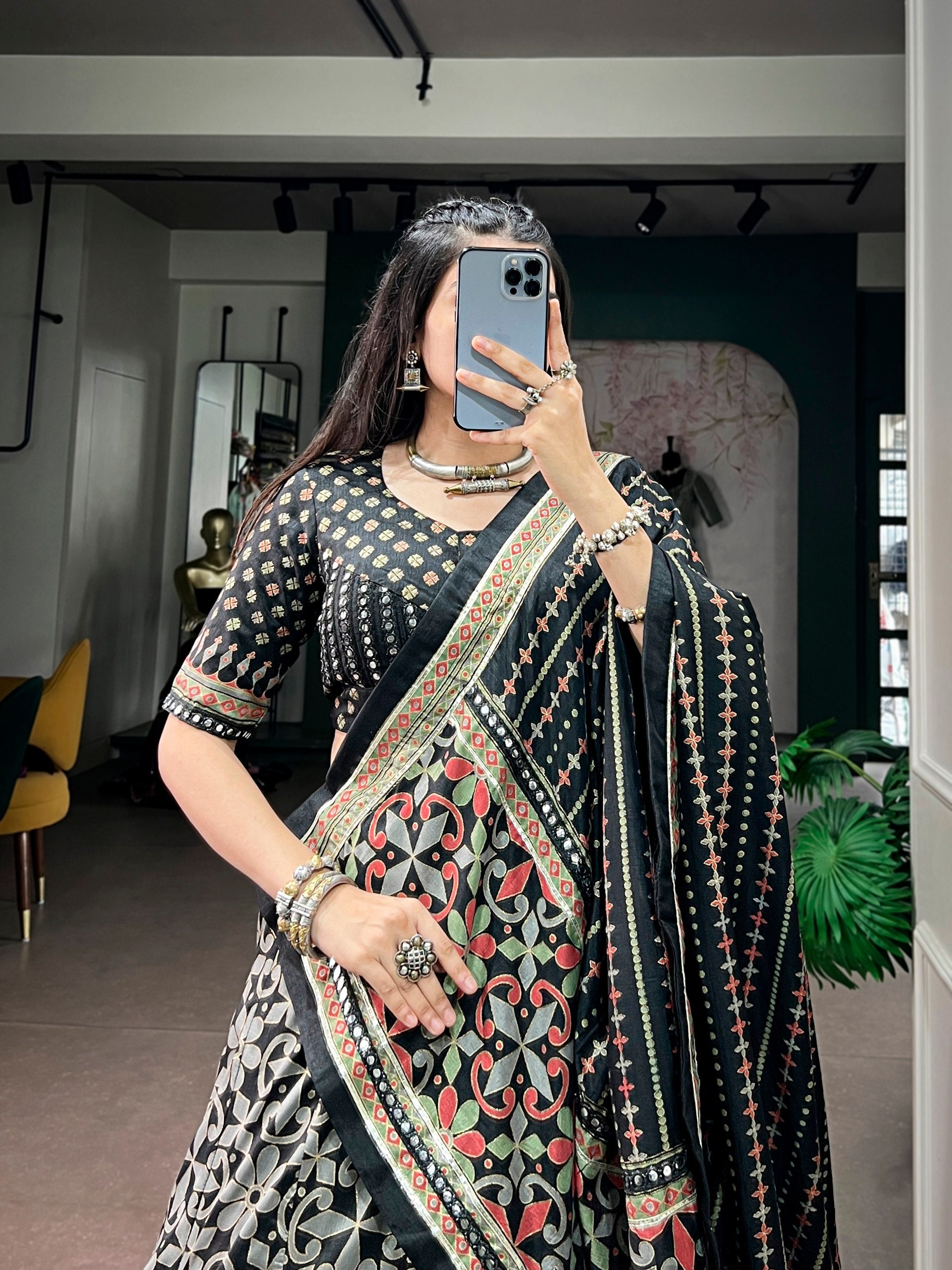 Classic Black Tasar Silk With Iconic Sparkle Print & Mirror Lace Border Navratri Chaniya Choli Set