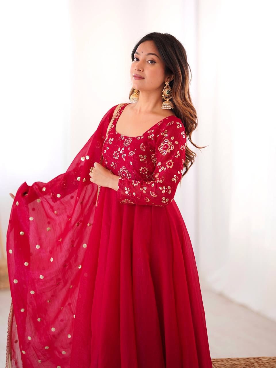 Rani Pink Crunchy Silk Salwar Suit – Fully Flared Designer Suit with Elegant Lace Border Set