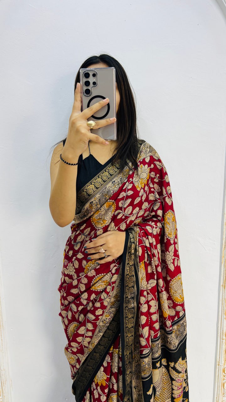 Red Soft Mal Mal Cotton Silk Elegant Pen Kalamkari Saree