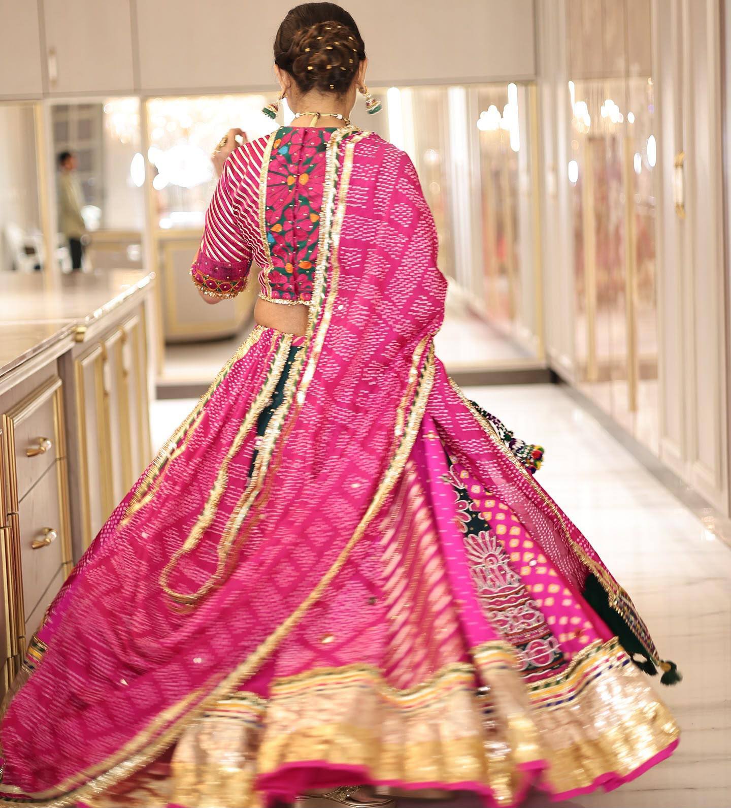 Rani Pink Heavy Muslin Cotton Navratri Lehenga Choli with Bandhani Digital Print, Real Mirror Work & Lampi Lace Border