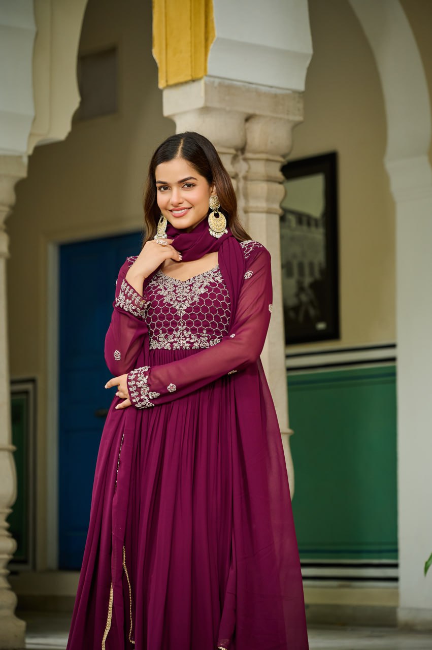 Wine Faux Blooming With Beads Embroidered Work Gown