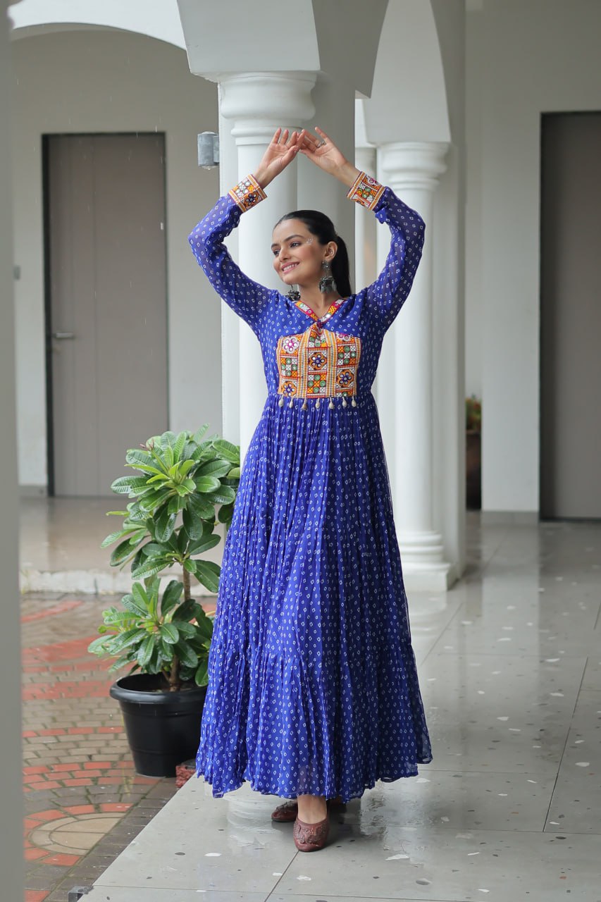 Blue Bandhani Print Work With Kutchi Patchework Navratri Gown