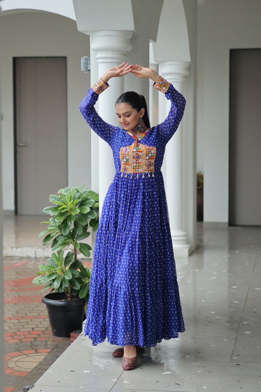 Blue Bandhani Print Work With Kutchi Patchework Navratri Gown
