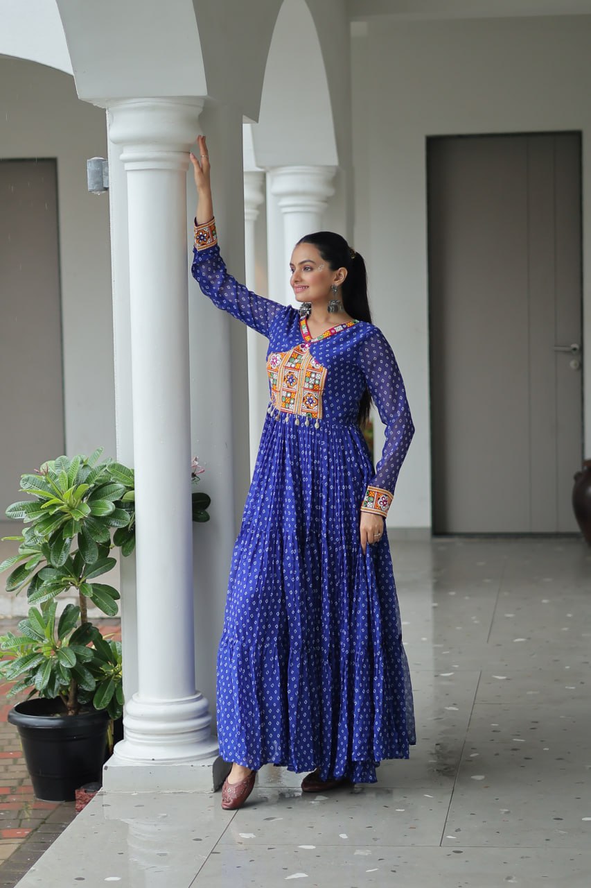 Blue Bandhani Print Work With Kutchi Patchework Navratri Gown