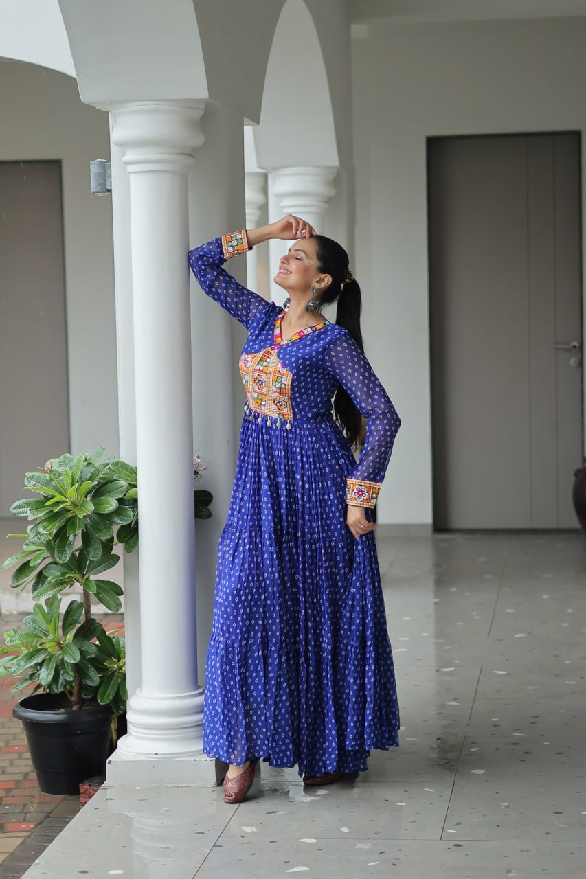 Blue Bandhani Print Work With Kutchi Patchework Navratri Gown