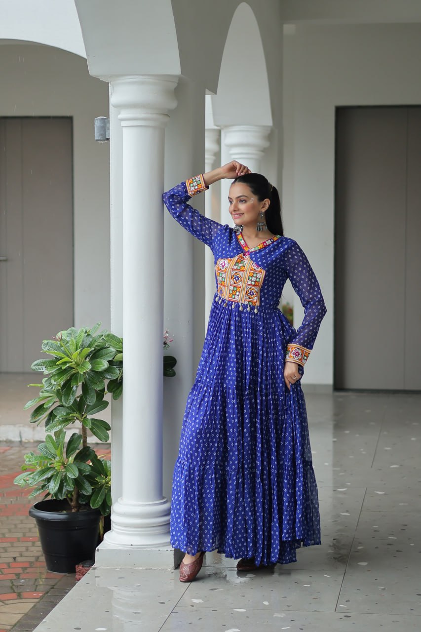 Blue Bandhani Print Work With Kutchi Patchework Navratri Gown