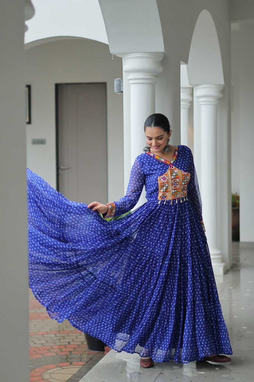 Blue Bandhani Print Work With Kutchi Patchework Navratri Gown