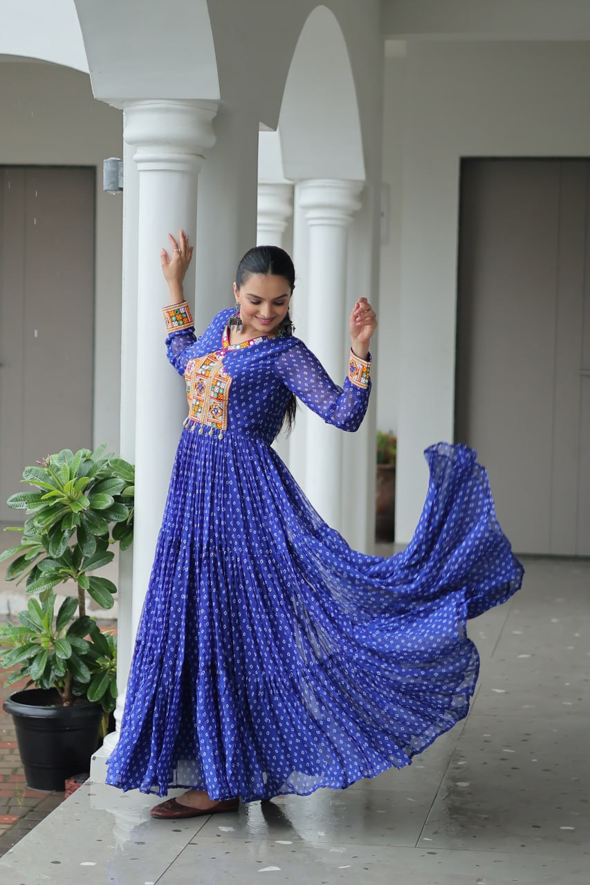 Blue Bandhani Print Work With Kutchi Patchework Navratri Gown