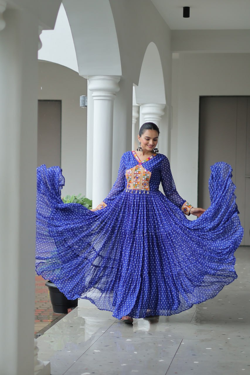 Blue Bandhani Print Work With Kutchi Patchework Navratri Gown