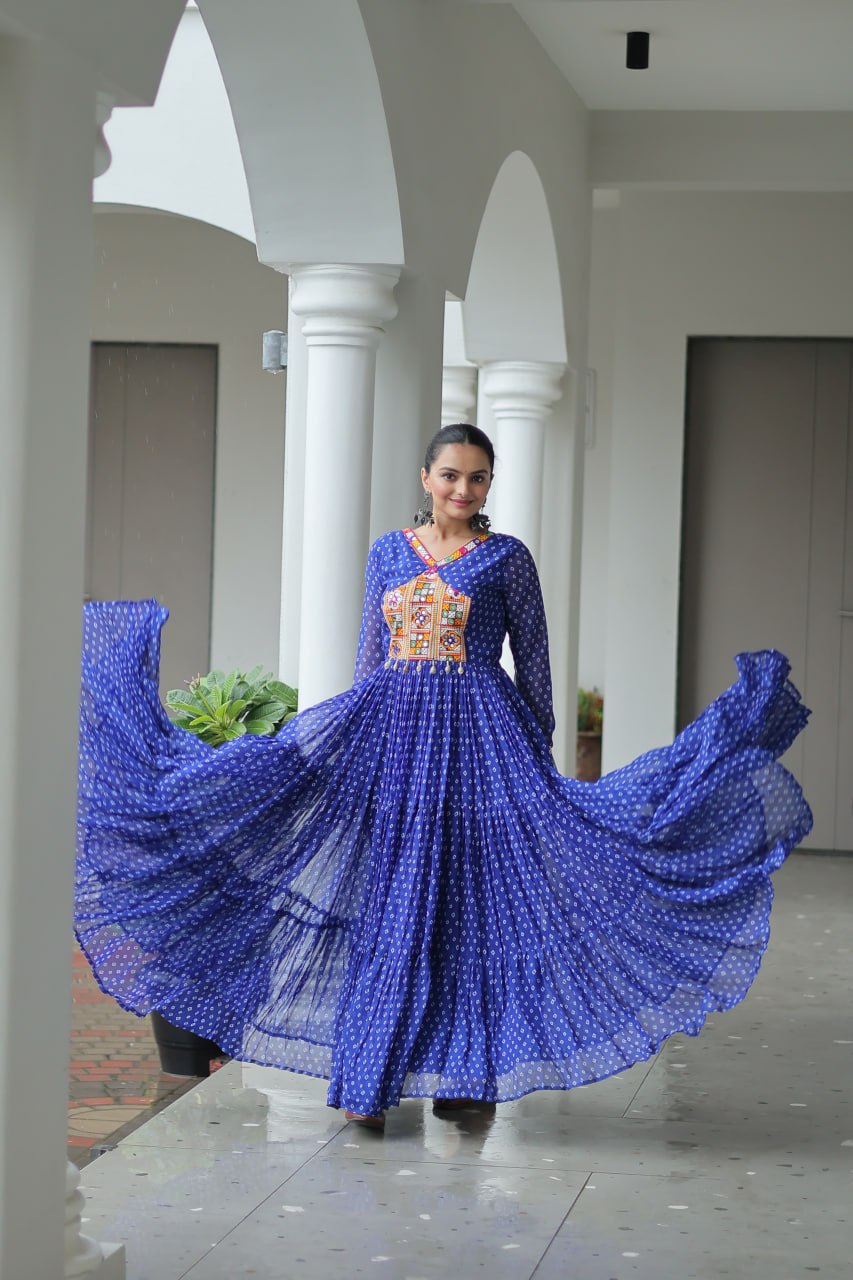 Blue Bandhani Print Work With Kutchi Patchework Navratri Gown