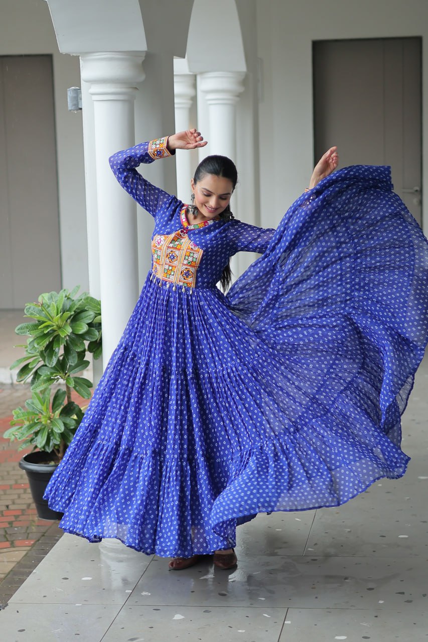 Blue Bandhani Print Work With Kutchi Patchework Navratri Gown