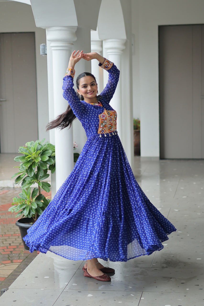 Blue Bandhani Print Work With Kutchi Patchework Navratri Gown