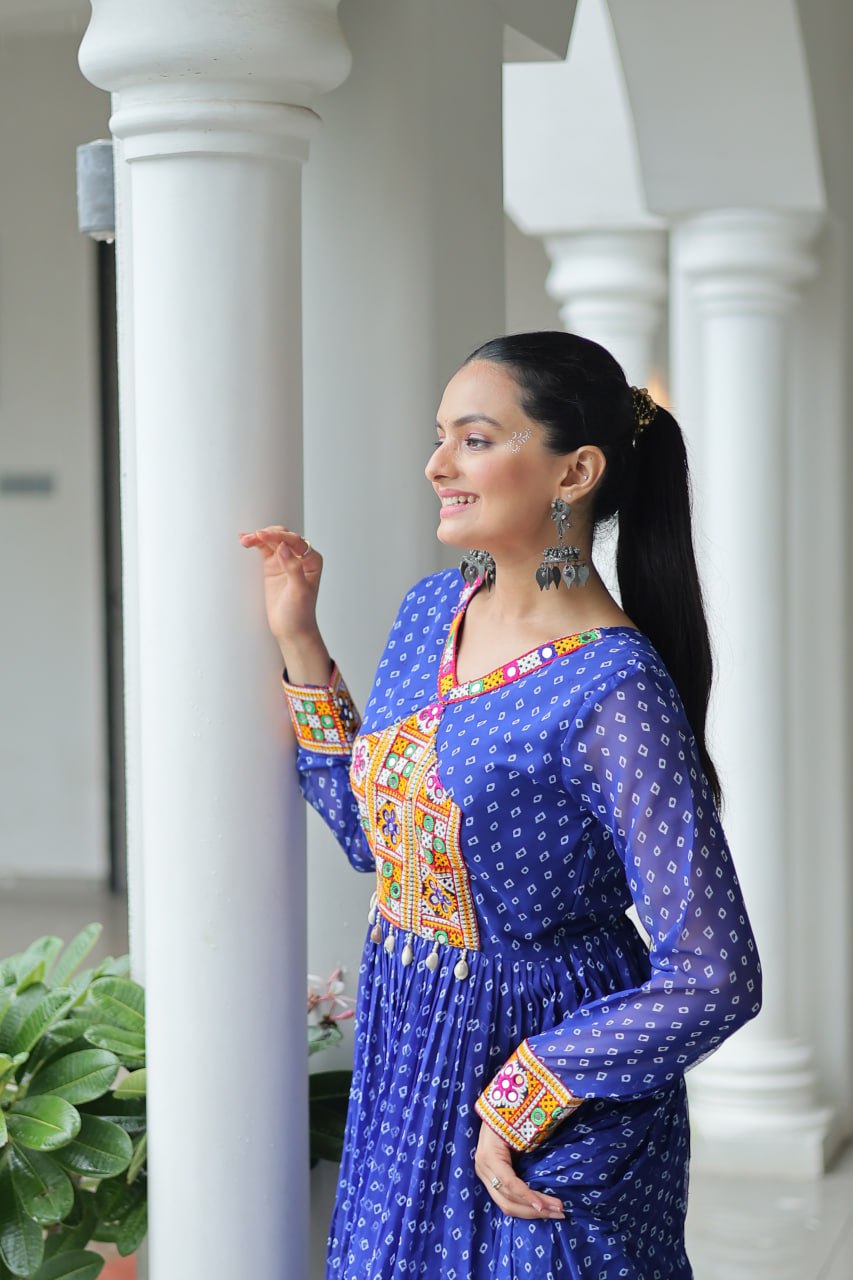 Blue Bandhani Print Work With Kutchi Patchework Navratri Gown