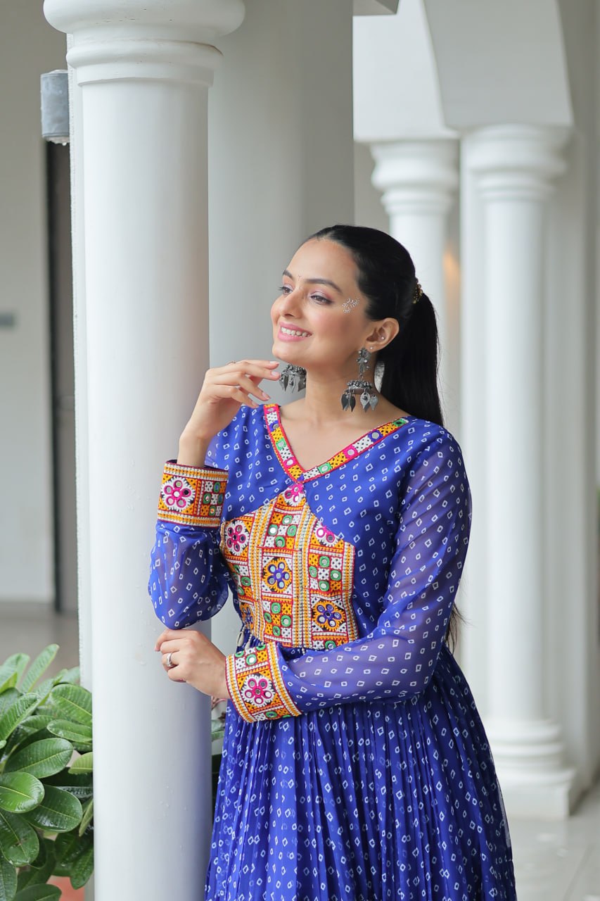 Blue Bandhani Print Work With Kutchi Patchework Navratri Gown