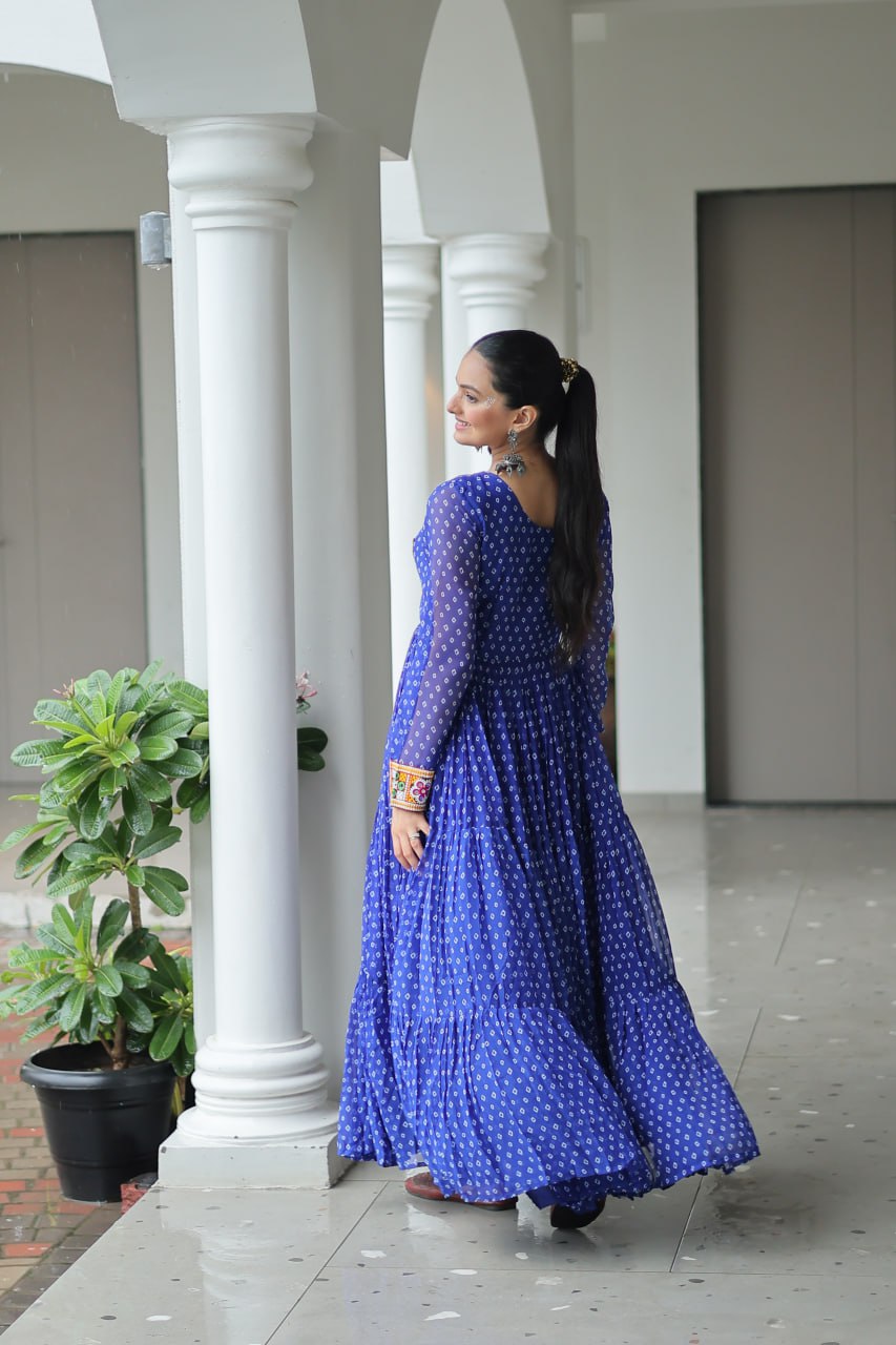Blue Bandhani Print Work With Kutchi Patchework Navratri Gown