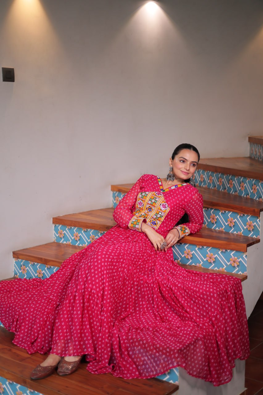 Pink Bandhani Print Work With Kutchi Patchework Navratri Gown