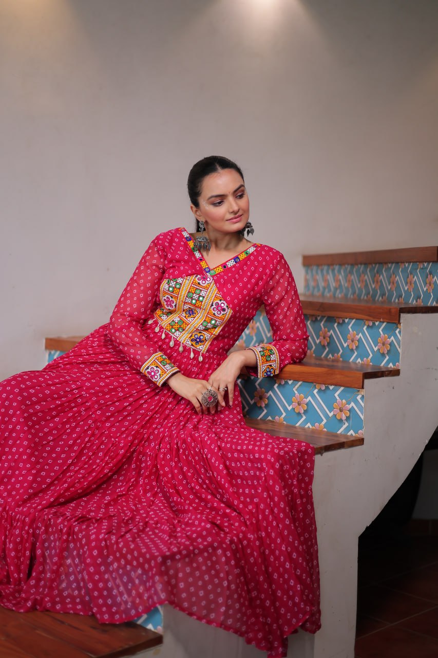 Pink Bandhani Print Work With Kutchi Patchework Navratri Gown