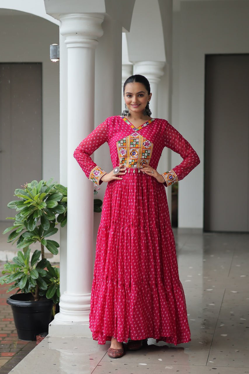 Pink Bandhani Print Work With Kutchi Patchework Navratri Gown